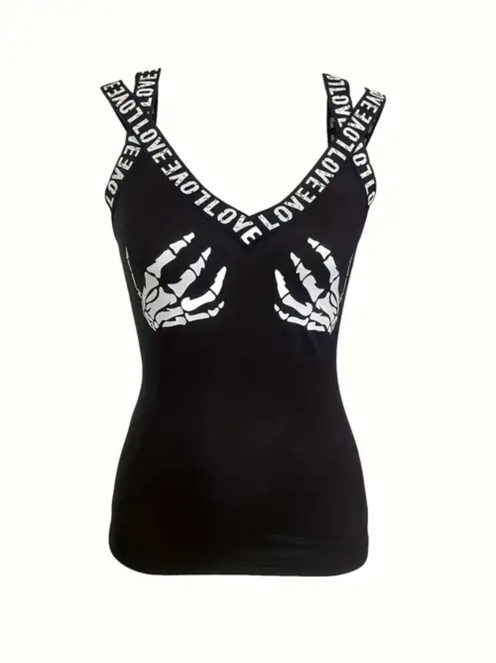 Halloween Black 'Love' Strap Skeleton Hand Graphic Tank Top